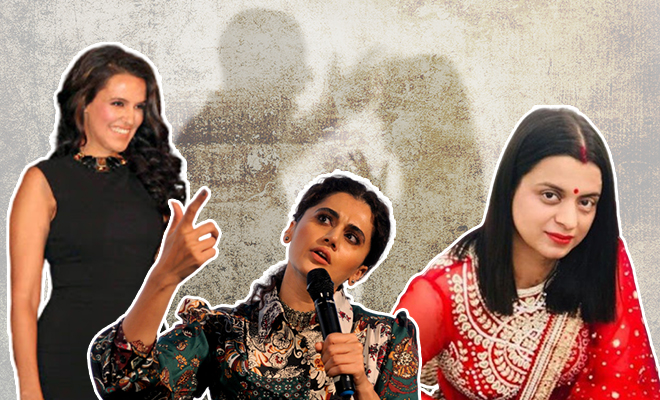 Neha Dhupia Explains Her Stance Against Physical Violence, Taapsee Seconds Her. Rangoli Chandel Terms This Fake Feminism
