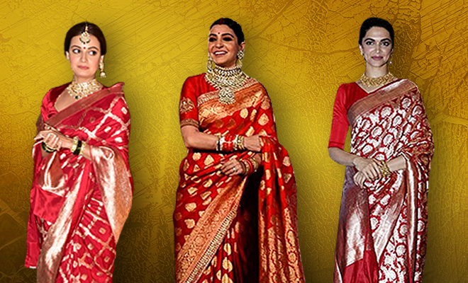 Dia Mirza, Anushka Sharma And Deepika Padukone Wore Classic Red Banarasi Silk Sarees. We Talk About Why This Is A Favourite
