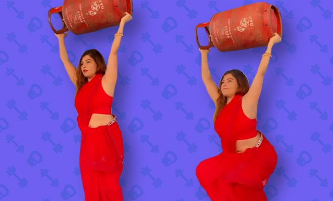 Woman-dons-a-red-saree-and-does-squats-with-33kg-gas-cylinder,-netizens-in-awe