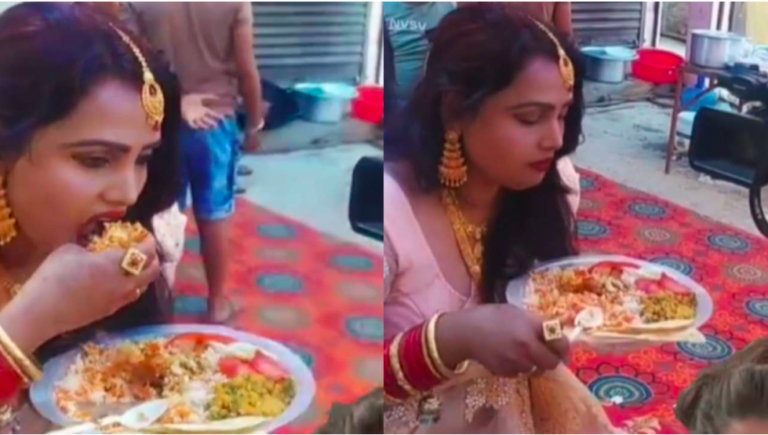 Woman eating at wedding buffet