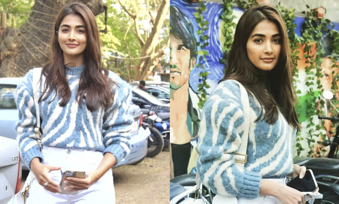 Pooja Hegde Styles Her Luxe LV Bag With A Cool Blue Sweater And We Love It!