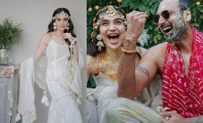 Karishma Tanna Wore A Beautiful White Sharara Set To Her Haldi, We Love The Floral Jewellery