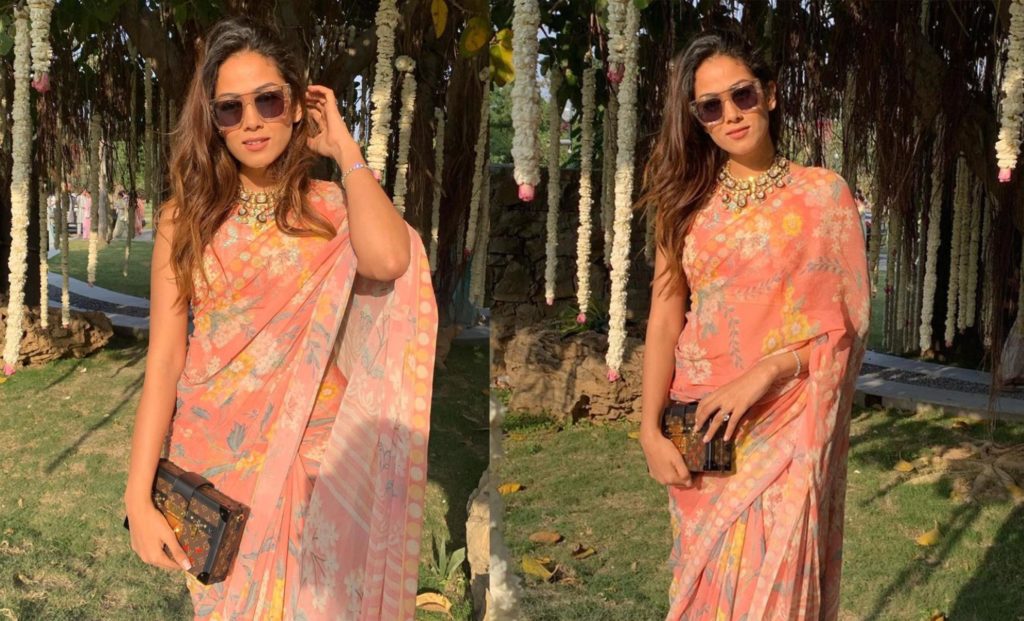 Mira Rajput Kapoor Is A Master Of Prints In This Anita Dongre Plush Peach Saree. We Love This Look On Her
