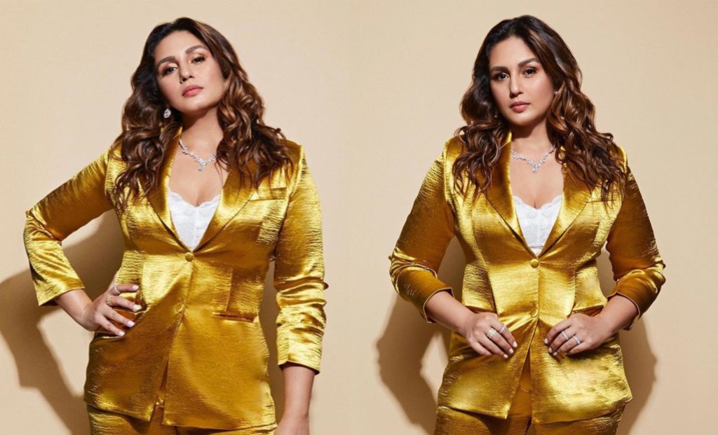 huma-qureshi-puneet-kapoor-golden-pant-suit-instagram-pictures
