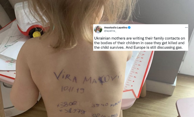 Heartbreaking Photo Of A Ukrainian Woman Writing Contact Details On Her Child’s Body Surfaces On The Internet