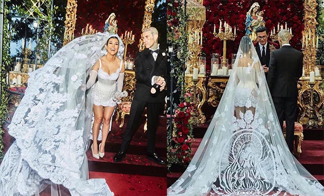 Kourtney Kardashian And Travis Barker Get Dressed In Dolce And Gabbana For Their Vivaah Day. We Love How Dramatic Her Veil Is!