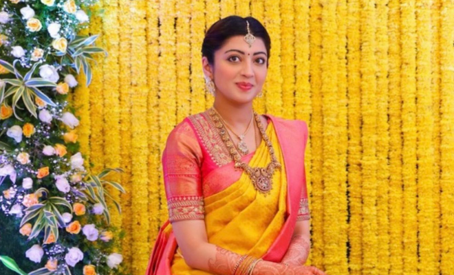 Pranitha Subhash Dons A Traditional Yellow And Pink Saree For Her Baby Shower. We Can’t With How Radiant She Looks!
