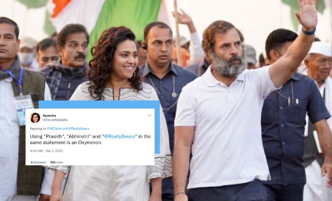 Swara Bhasker Walks For Rahul Gandhi’s Bharat Jodo Yatra, But Twitter Has A Silly Problem With Congress’ Tweet About It