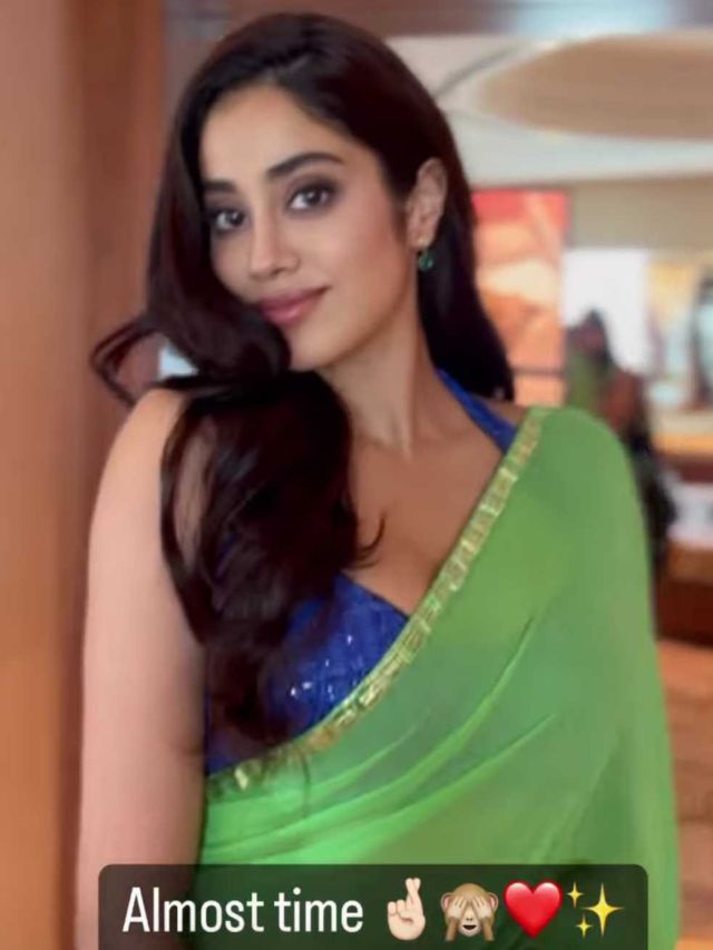janhvi-kapoor-bawaal-trailer-launch-dubai-green-saree-blue-blouse