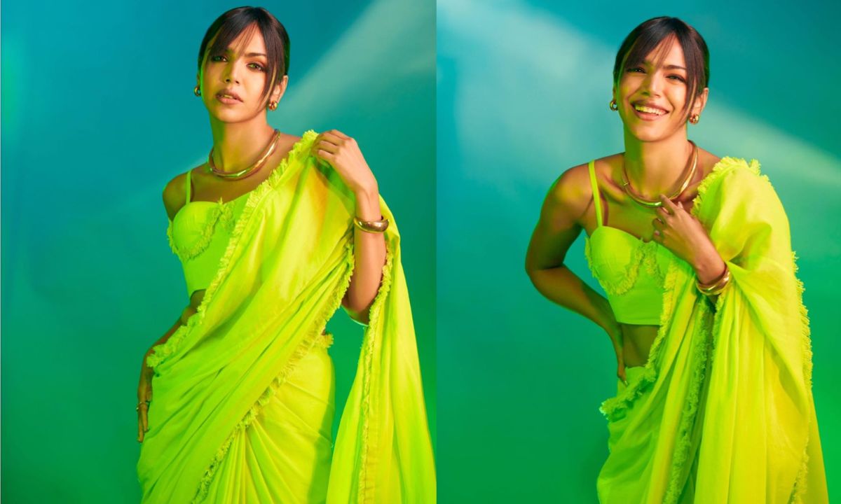 Shreya-Pilgaonkar-Neon-Saree-Sleek-Bangs-Deepika-Padukone-Look-Chandni-Chow-To-China