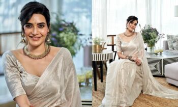 Karishma-Tanna-Regal-Look-Dewy-Makeup-Kohl-lined-eyes-Oxidised-Jewllery-Saree