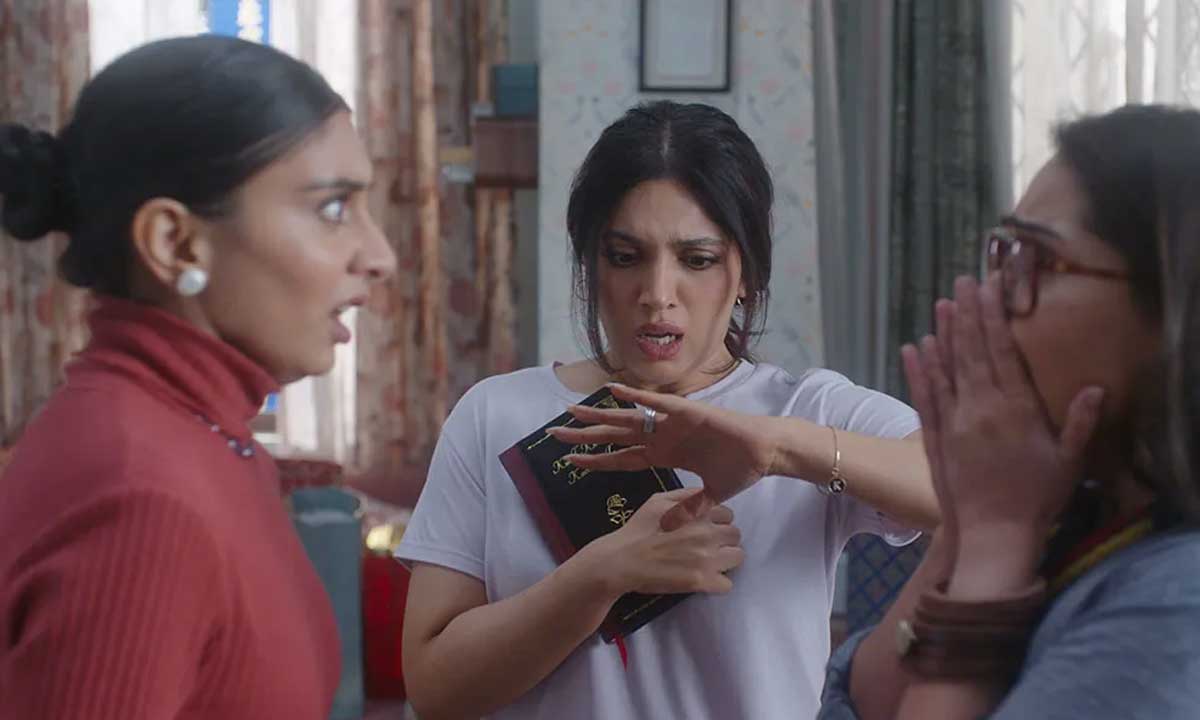 Bhumi Pednekar, Dolly Singh, and Shibani Bedi in a scene from Thank You For Coming