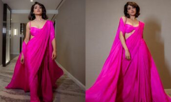 Samantha-Ruth-Prabhu-Pink-Fuchsia-Saree-Cape-Ekaya-No-Makeup-Look