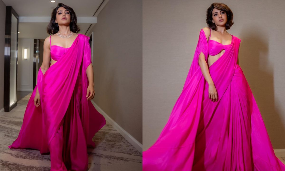 Samantha-Ruth-Prabhu-Pink-Fuchsia-Saree-Cape-Ekaya-No-Makeup-Look