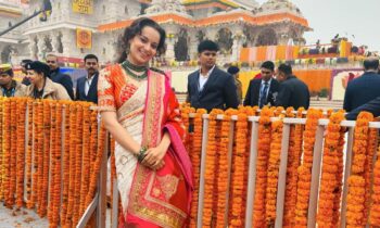 Kangana-Ranaut-Exudes-Regal-Vibes-Embroidered-Saree-Ram-Mandir-Pran-Pratishtha-Ceremony-Ayodhya