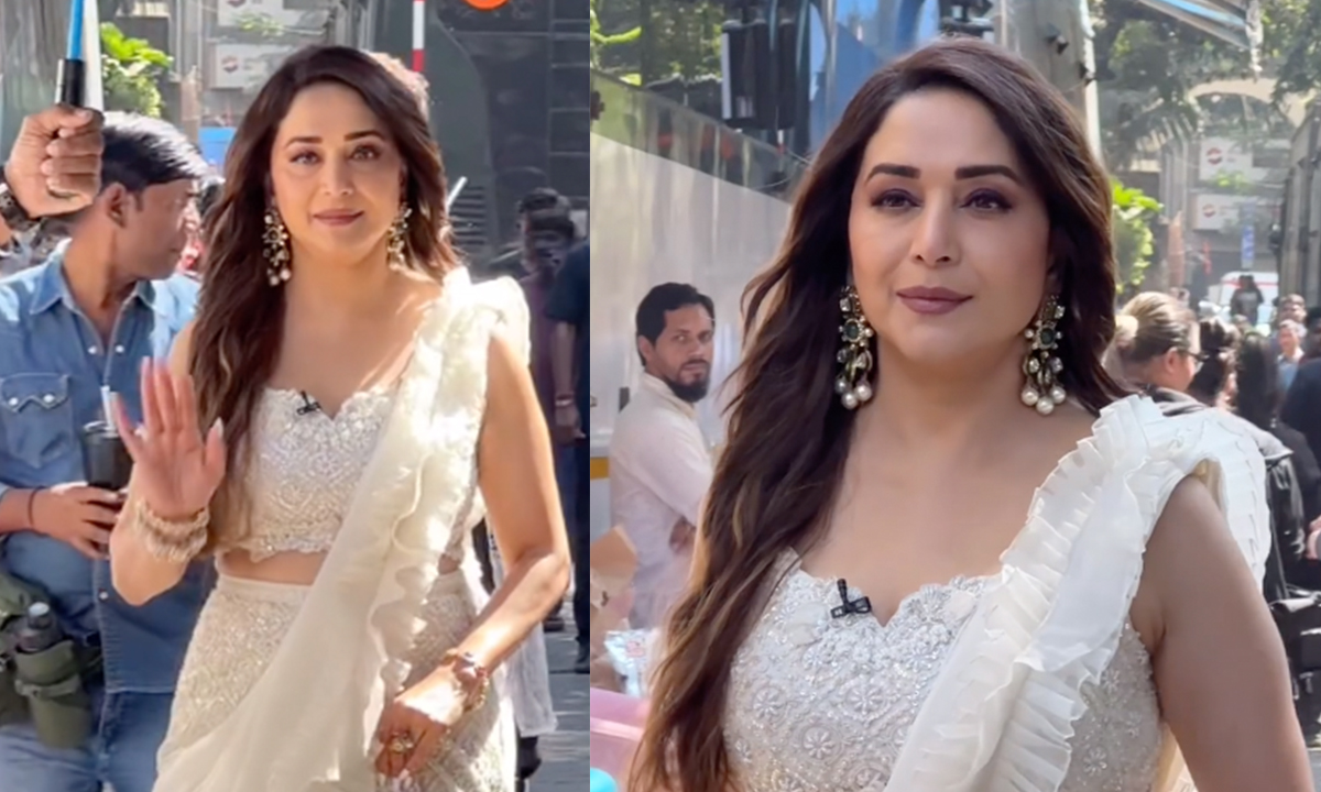 Madhuri Dixit Gives A New Twist To Chikankari In An Off-White Ruffle Saree. The Glow! Madhuri Dixit Gives A New Twist To Chikankari In An Off-White Ruffle Saree. The Glow!