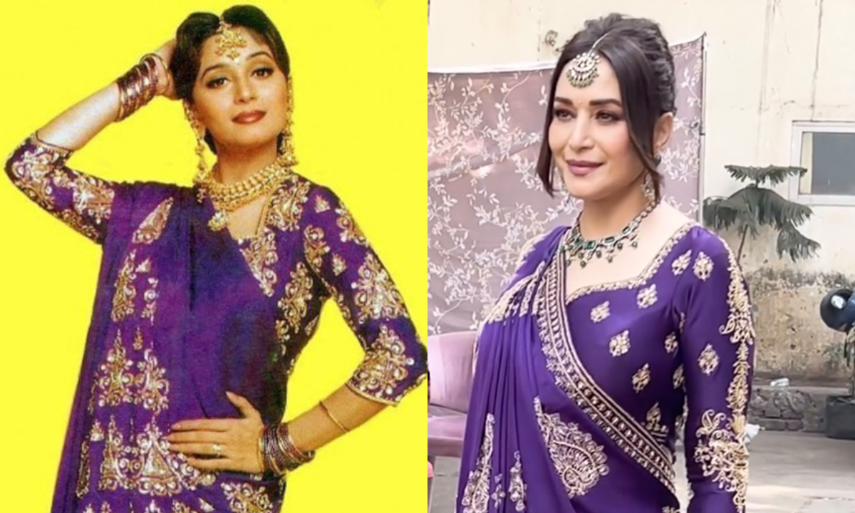 Madhuri Dixit Recreates Her Purple Saree Look From Hum Aapke Hain Koun. Fans Think The Hairstyle Is A Miss! Madhuri Dixit Recreates Her Purple Saree Look From Hum Aapke Hain Koun. Fans Think The Hairstyle Is A Miss!