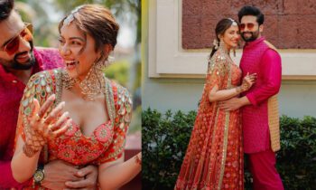 rakul-preet-singh-orange-co-ord-set-phulkari-punjabi-bride-jackky-bhagnani-mehendi-pictures