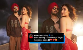 diljit-dosanjh-poses-with-kareena-kapoor-crew-new-song-bts-pictures-red-hot-dress