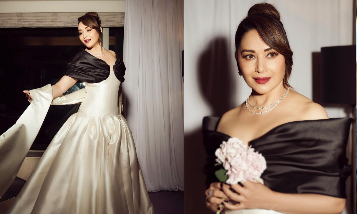 madhuri-dixit-red-carpet-off-shoulder-dress-black-white-fashion-look-verdict