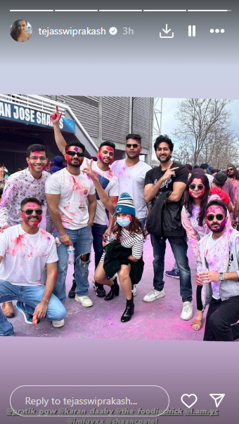 Tejasswi-prakash-celebrates-holi-california-without-beau-karan-kundrra-looks-cute-t-shirt-dress