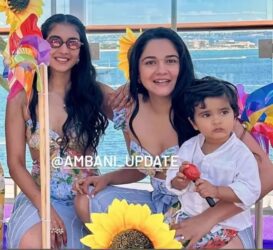 radhika-merchant-wears-blue-floral-strappy-dress-for-veda-ambani-birthday-shloka-akash-ambani