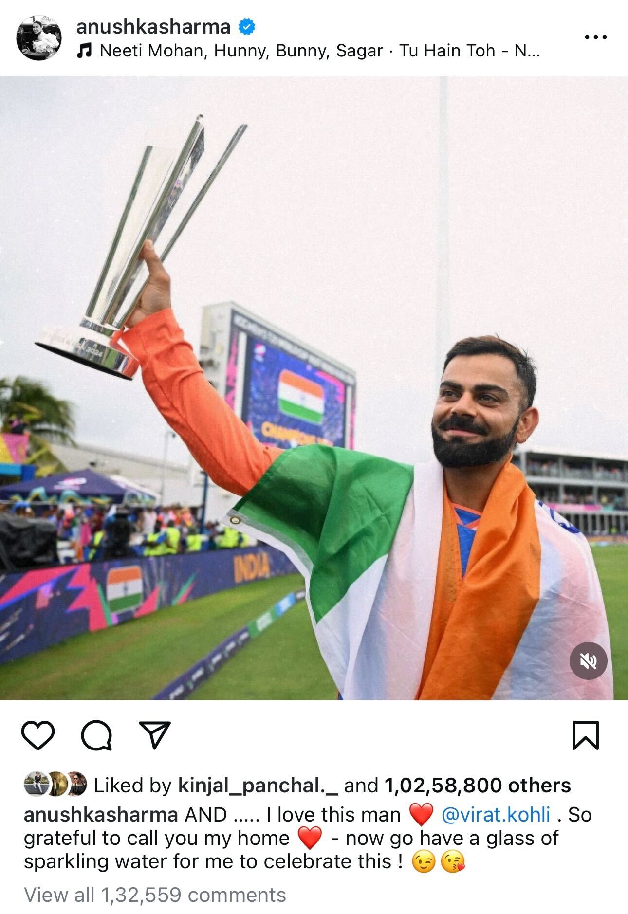 Virat Kohli Shares Heartfelt Message for Anushka Sharma Post-World Cup Win