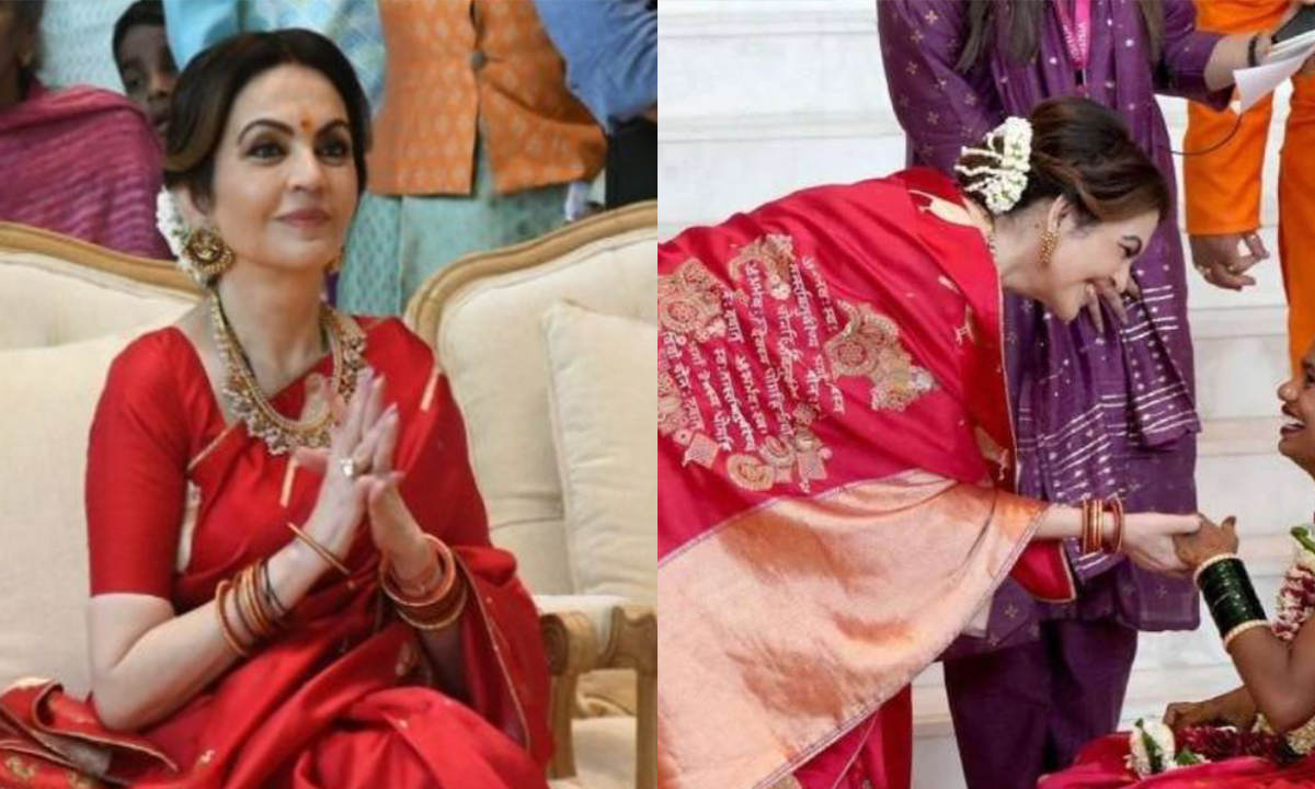 Decoding Nita Ambani’s Mass Wedding Look, From Potli Ft. Lord Krishna To Gayatri Mantra On Pallu! Decoding Nita Ambani’s Mass Wedding Look, From Potli Ft. Lord Krishna To Gayatri Mantra On Pallu!