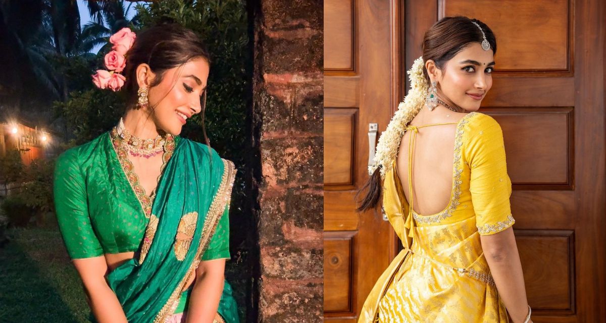 pooja-hegde-hairstyles-for-traditional-attire-braided-sleek-bun