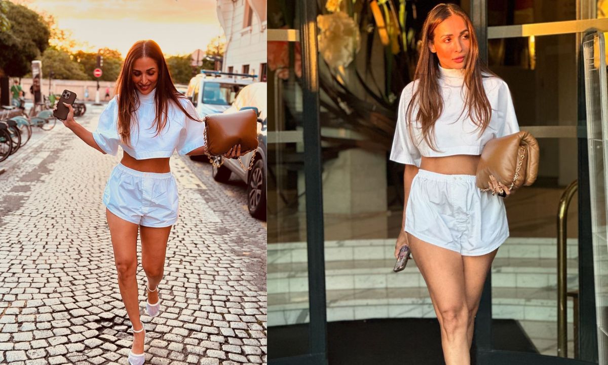 malaika-arora-white-turtle-neck-top-shorts-alaia-fishnet-heels-loewe-bag-brown