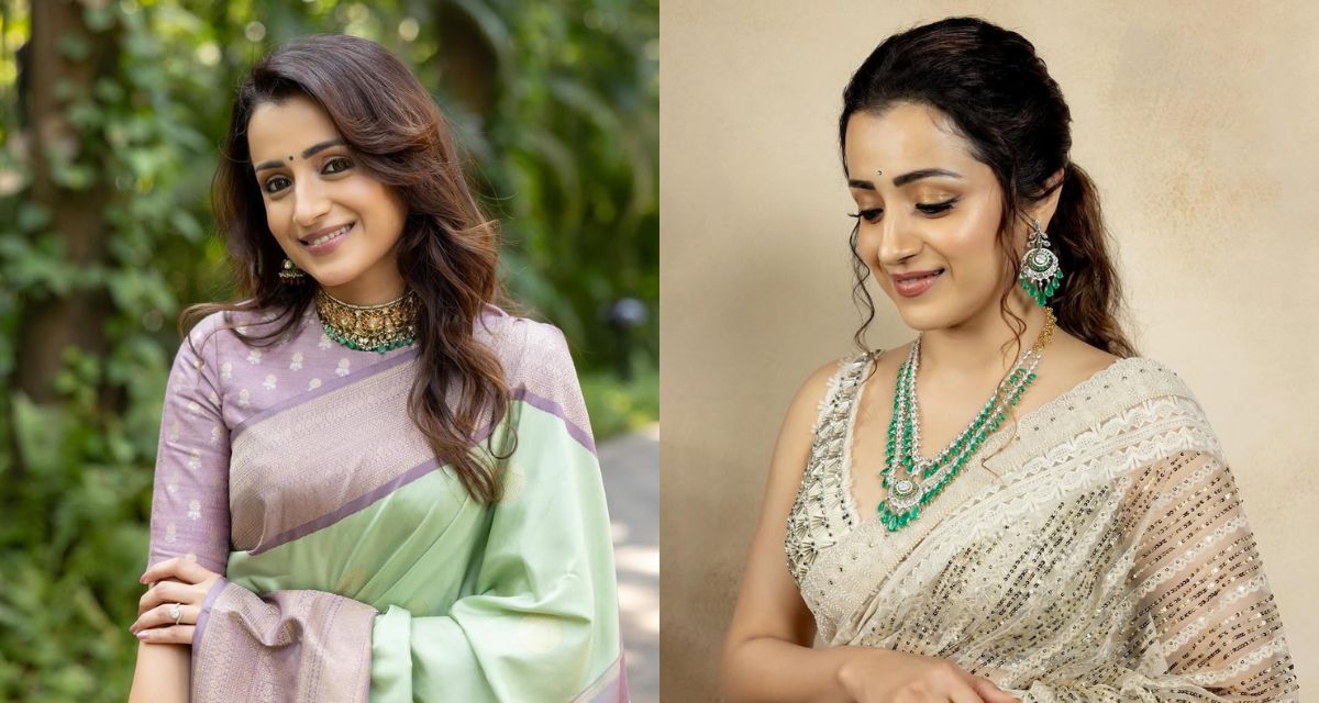 how-to-choose-right-jewellery-with-sarees-trisha-krishnan-jhumka-chandbali