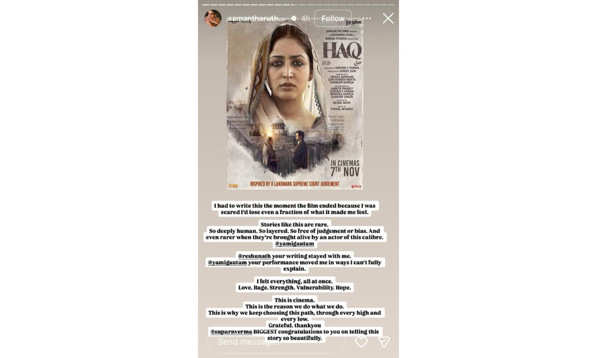 HL: Samantha Ruth Prabhu Lauds Yami Gautam’s Performance In Haq! Here’s What She Said Samantha Ruth Prabhu Reacts To Yami Gautam’s Performance In Haq! Here’s What She Said Samantha Ruth Prabhu Reviews Haq Starring Yami Gautam Saying THIS! URL: samantha-ruth-prabhu-reviews-haq-praise-yami-gautam-acting-emraan-hashmi-sheeba-chaddha