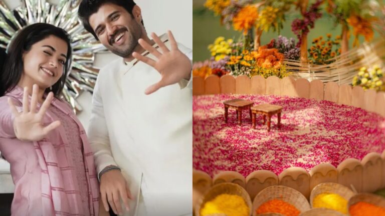 vijay-rashmika-haldi-wedding-petname-aesthetic-white-yellow-flowers-rushie-dogs-holi-pichkari-fun