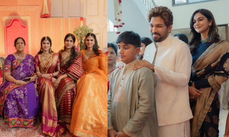 allu-sirish-bride-nayanika-reddy-glows-in-a-silk-saree-poses-with-brother-in-law-allu-arjun-at-pellikuturu-ceremony